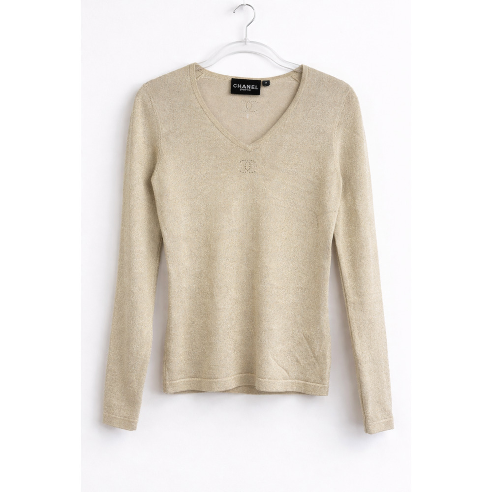 Vintage CHANEL Champagne Gold Metallic Knit Sweater CC Logo Karl Lagerfeld Era